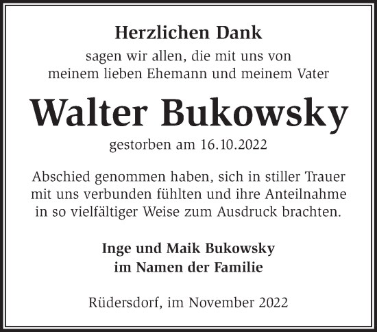 Traueranzeige von Walter Bukowsky von Märkische Oderzeitung