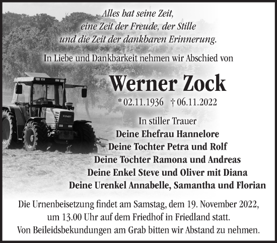 Traueranzeige von Werner Zock von Märkische Oderzeitung