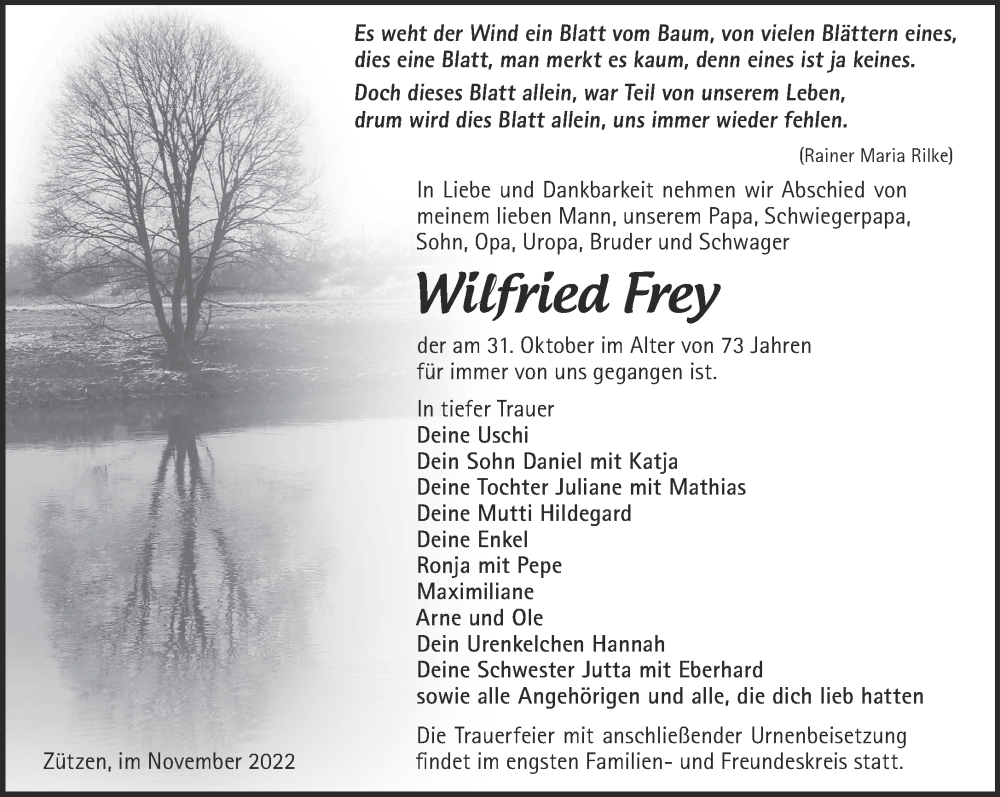  Traueranzeige für Wilfried Frey vom 05.11.2022 aus Märkische Oderzeitung