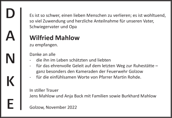 Traueranzeige von Wilfried Mahlow von Märkische Oderzeitung