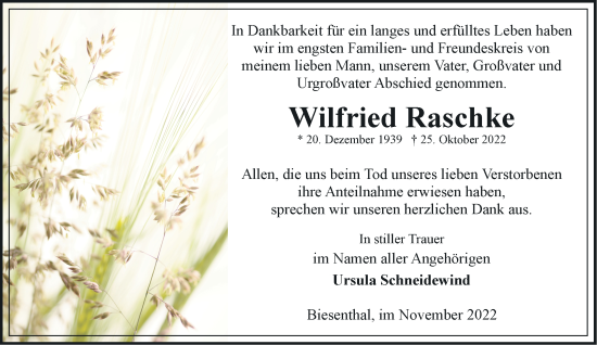 Traueranzeige von Wilfried Raschke von Märkische Oderzeitung