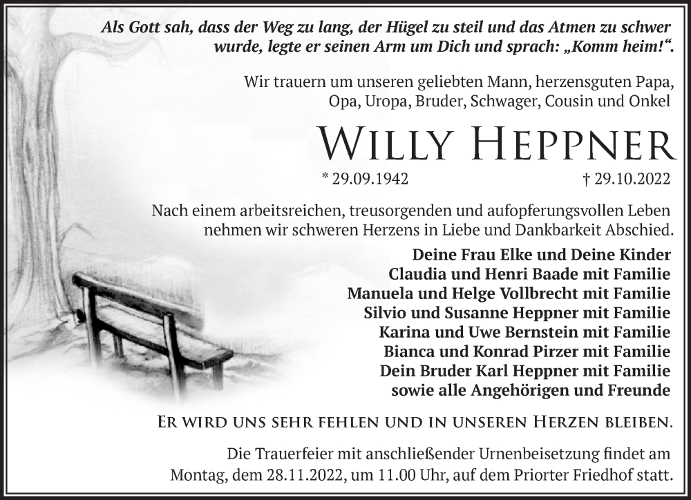  Traueranzeige für Willy Heppner vom 13.11.2022 aus Märkische Oderzeitung