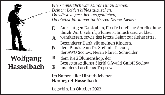 Traueranzeige von Wolfgang Hasselbach von Märkische Oderzeitung