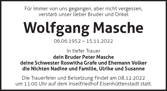 Traueranzeige von Wolfgang Masche von Märkische Oderzeitung