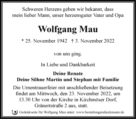 Traueranzeige von Wolfgang Mau von Märkische Oderzeitung