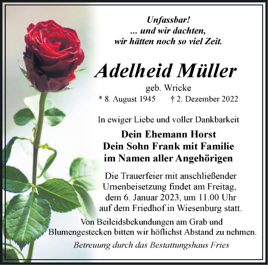 Traueranzeige von Adelheid Müller von Märkische Oderzeitung