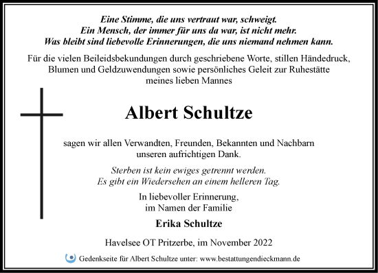 Traueranzeige von Albert Schultze von Märkische Oderzeitung