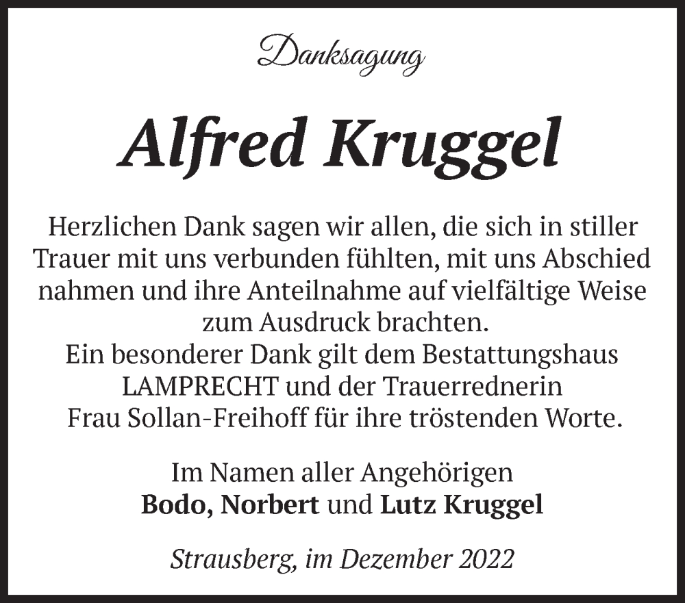  Traueranzeige für Alfred Kruggel vom 31.12.2022 aus Märkische Oderzeitung