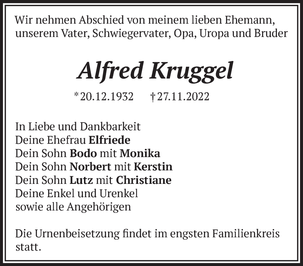  Traueranzeige für Alfred Kruggel vom 03.12.2022 aus Märkische Oderzeitung