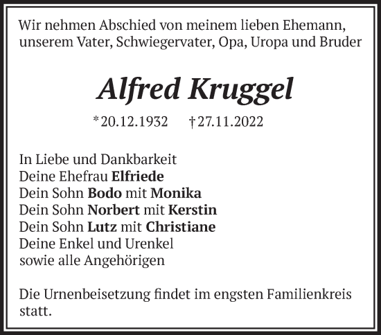 Traueranzeige von Alfred Kruggel von Märkische Oderzeitung