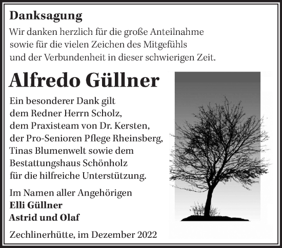 Traueranzeige von Alfredo Güllner von Märkische Oderzeitung