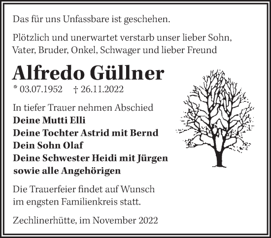 Traueranzeige von Alfredo Güllner von Märkische Oderzeitung