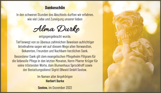 Traueranzeige von Alma Durke von Märkische Oderzeitung