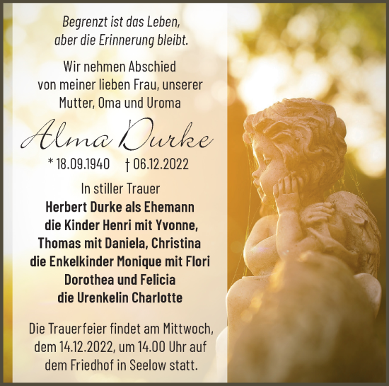 Traueranzeige von Alma Durke von Märkische Oderzeitung