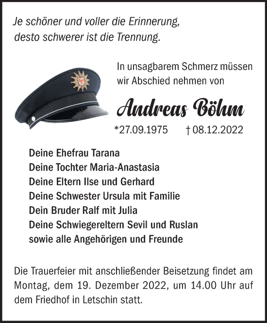 Traueranzeige von Andreas Böhm von Märkische Oderzeitung