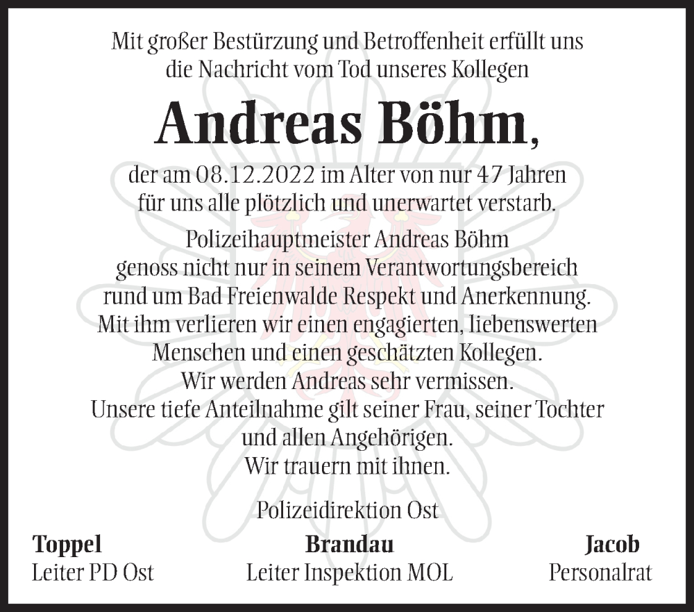 Traueranzeige für Andreas Böhm vom 17.12.2022 aus Märkische Oderzeitung