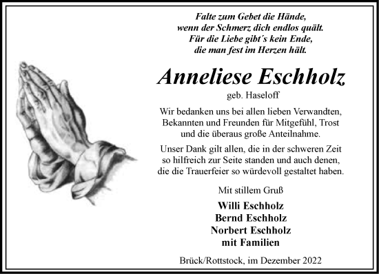 Traueranzeige von Anneliese Eschholz von Märkische Oderzeitung