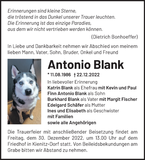 Traueranzeige von Antonio Blank von Märkische Oderzeitung