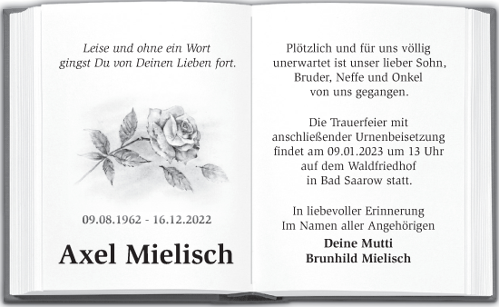 Traueranzeige von Axel Mielisch von Märkische Oderzeitung