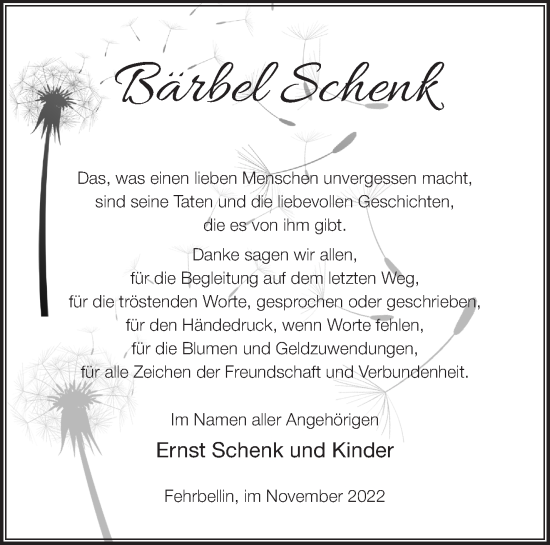 Traueranzeige von Bärbel Schenk von Märkische Oderzeitung