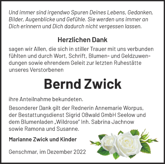 Traueranzeige von Bernd Zwick von Märkische Oderzeitung