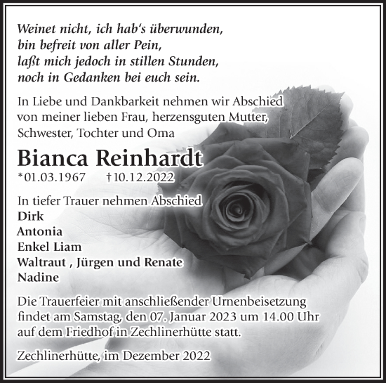 Traueranzeige von Bianca Reinhardt von Märkische Oderzeitung