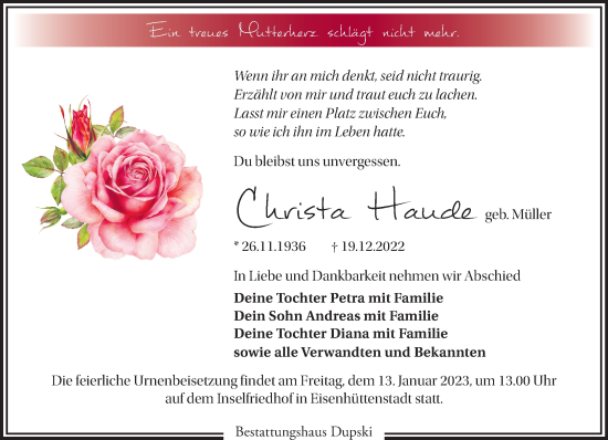 Traueranzeige von Christa Haude von Märkische Oderzeitung