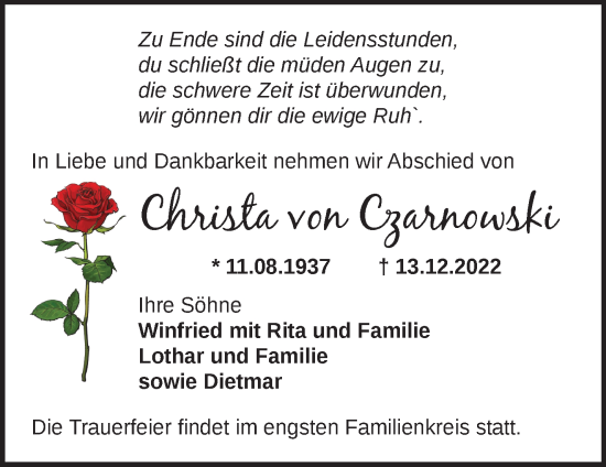 Traueranzeige von Christa von Czarnowski von Märkische Oderzeitung