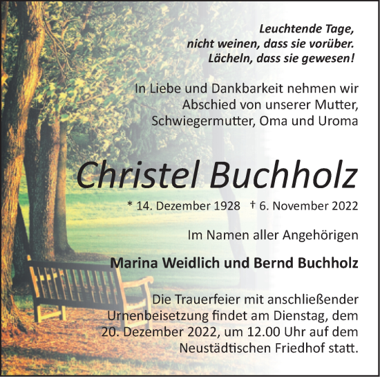 Traueranzeige von Christel Buchholz von Märkische Oderzeitung