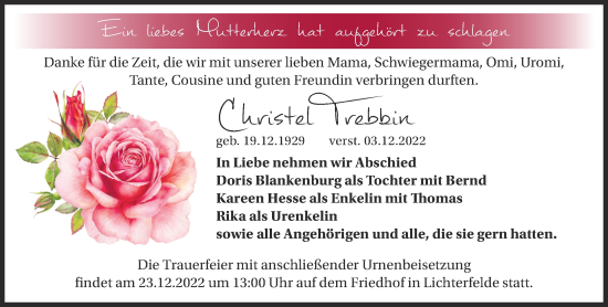 Traueranzeige von Christel Trebbin von Märkische Oderzeitung