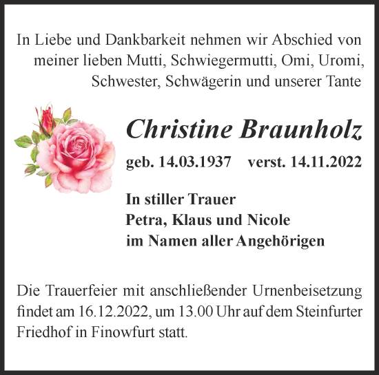 Traueranzeige von Christine Braunholz von Märkische Oderzeitung