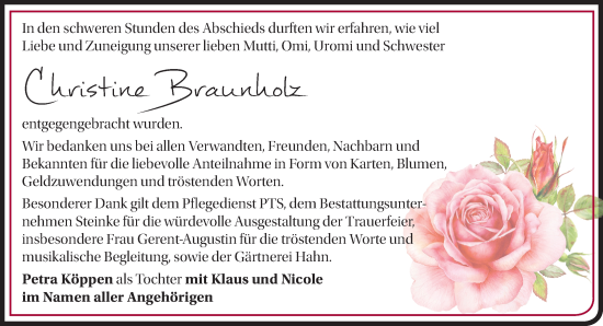 Traueranzeige von Christine Braunholz von Märkische Oderzeitung