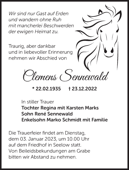 Traueranzeige von Clemens Sennewald von Märkische Oderzeitung