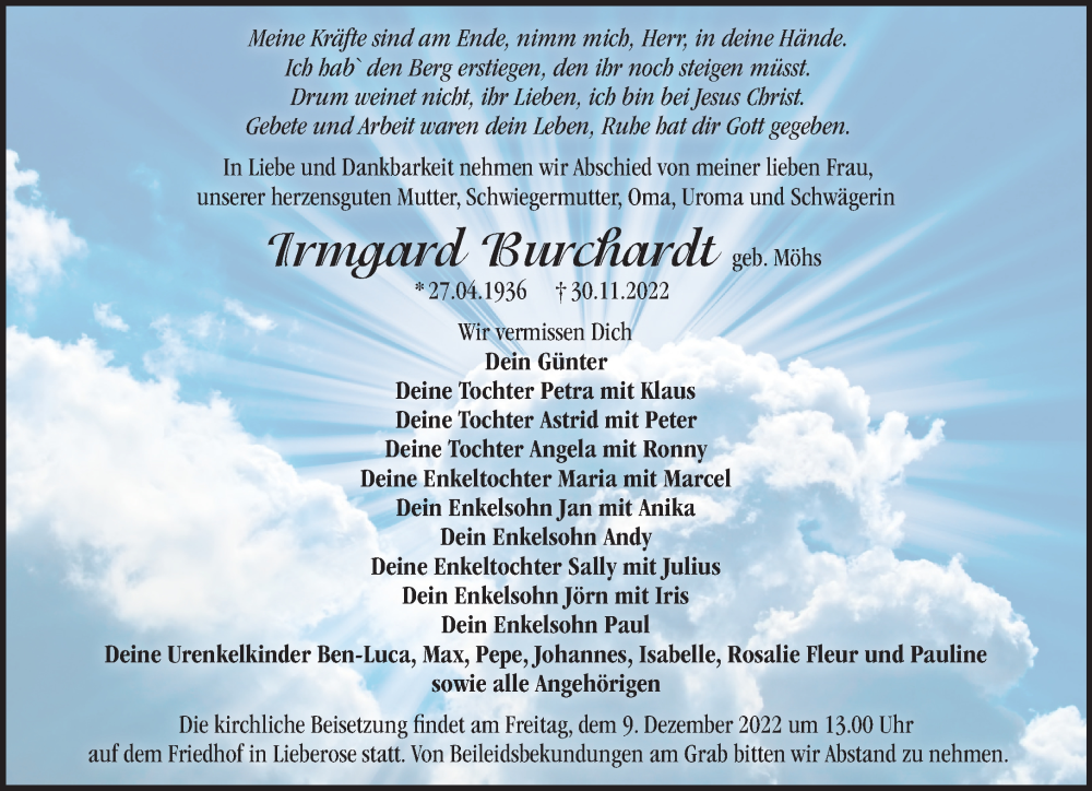  Traueranzeige für Irmgard Burchardt vom 03.12.2022 aus Märkische Oderzeitung