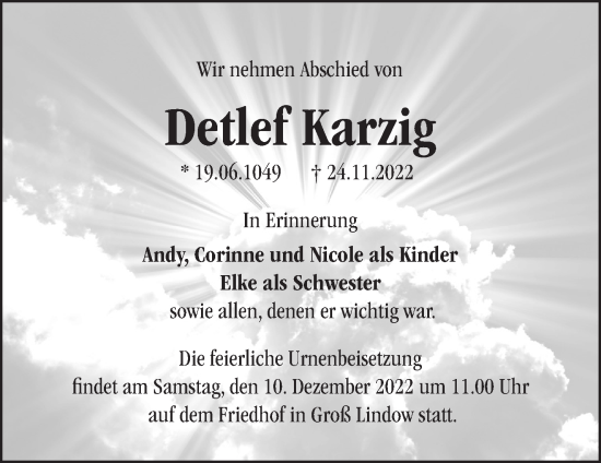 Traueranzeige von Detlef Karzig von Märkische Oderzeitung