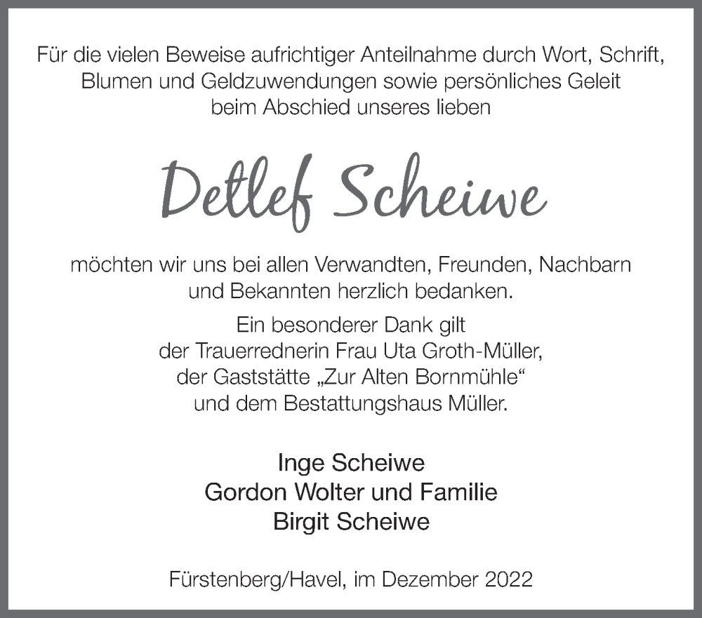  Traueranzeige für Detlef Scheiwe vom 07.12.2022 aus Märkische Oderzeitung