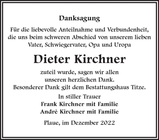 Traueranzeige von Dieter Kirchner von Märkische Oderzeitung