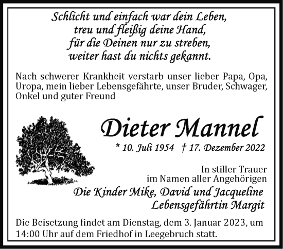 Traueranzeige von Dieter Mannel von Märkische Oderzeitung