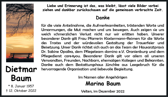 Traueranzeige von Dietmar Baum von Märkische Oderzeitung