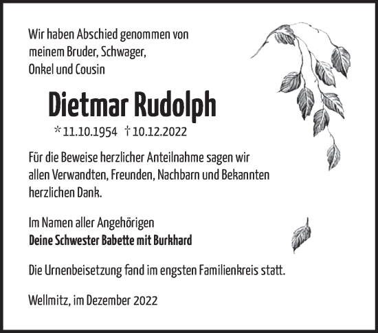 Traueranzeige von Dietmar Rudolph von Märkische Oderzeitung