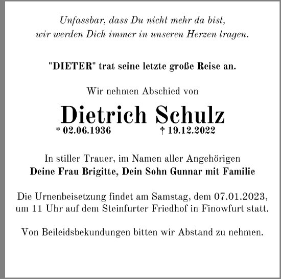 Traueranzeige von Dietrich Schulz von Märkische Oderzeitung