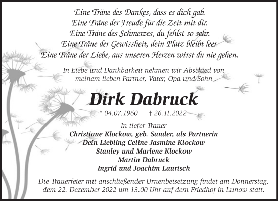 Traueranzeige von Dirk Dabruck von Märkische Oderzeitung