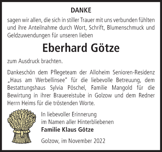 Traueranzeige von Eberhard Götze von Märkische Oderzeitung