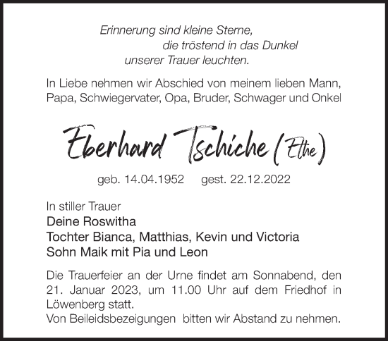 Traueranzeige von Eberhard Tschiche von Märkische Oderzeitung