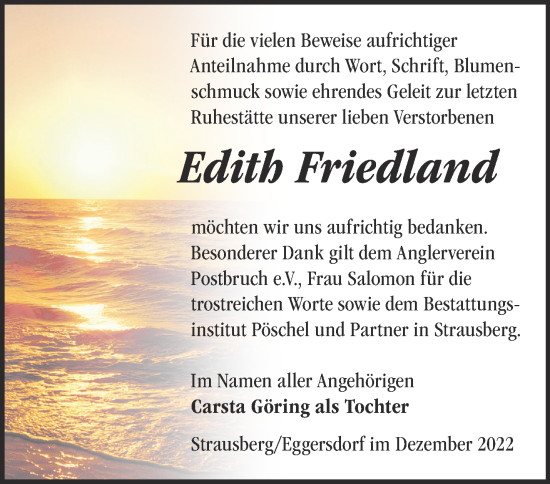 Traueranzeige von Edith Friedland von Märkische Oderzeitung