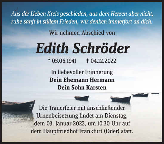 Traueranzeige von Edith Schröder von Märkische Oderzeitung