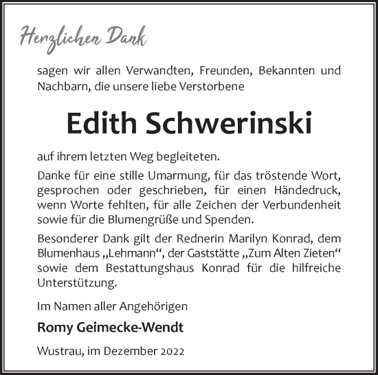 Traueranzeige von Edith Schwerinski von Märkische Oderzeitung