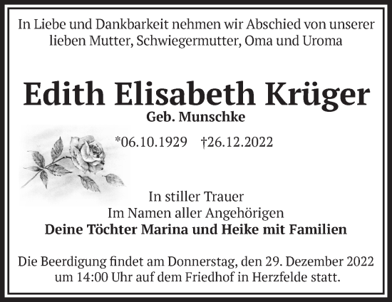 Traueranzeige von Edith Elisabeth Krüger von Märkische Oderzeitung