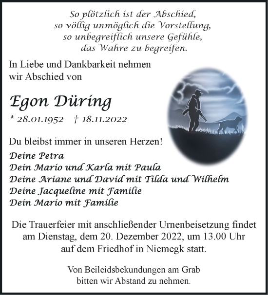 Traueranzeige von Egon Düring von Märkische Oderzeitung