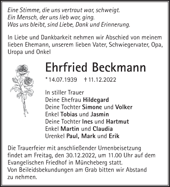 Traueranzeige von Ehrfried Beckmann von Märkische Oderzeitung